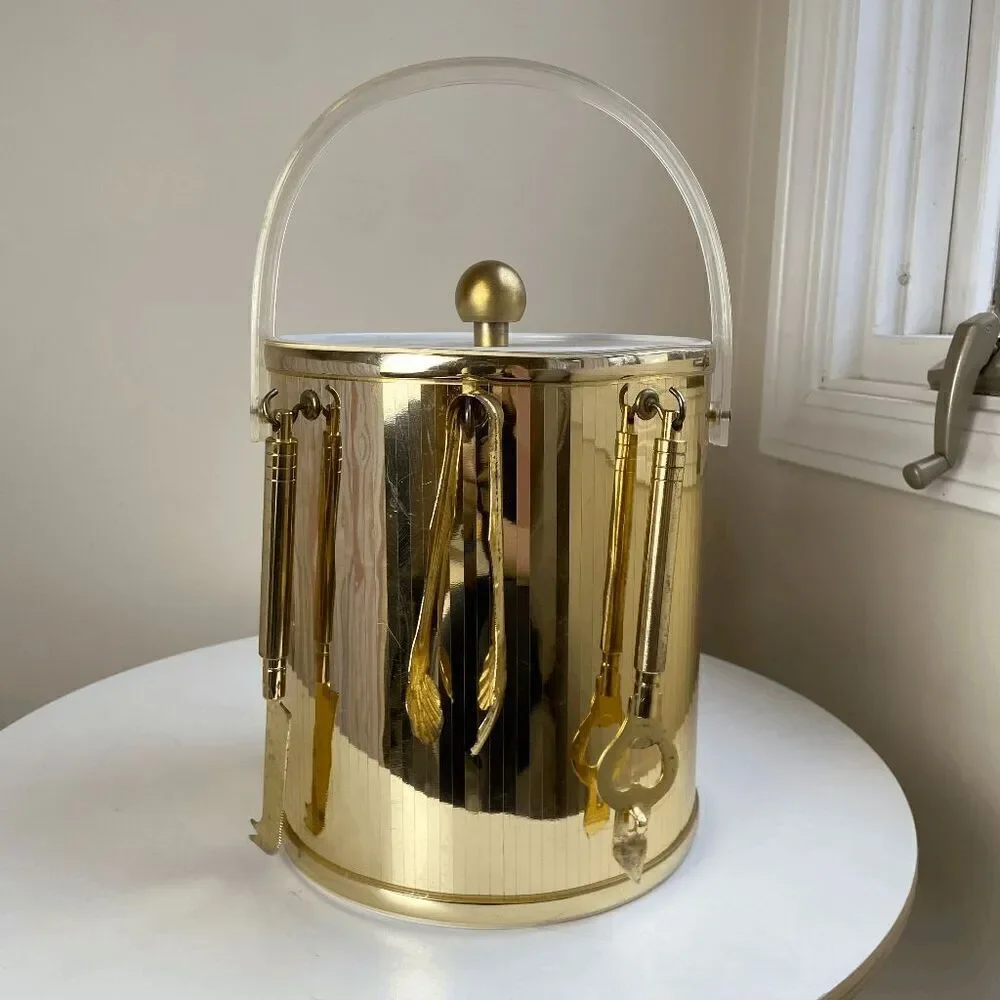 Vintage 1970s Metallic Gold Ice Bucket Clear Lucite Handle with Bar Utensils Bar